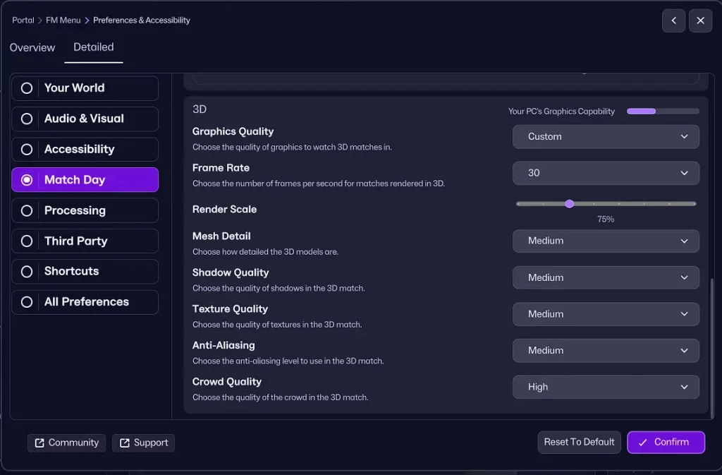 Medium PC Graphics Settings for Football Manager 26